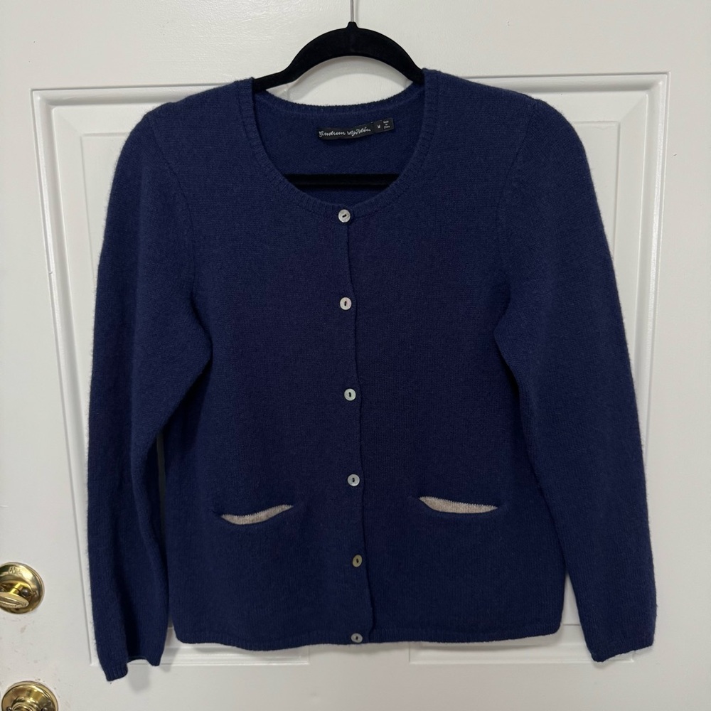 Gudrun Sjoden Navy Blue Wool Knit Cardigan With Pockets Size Medium